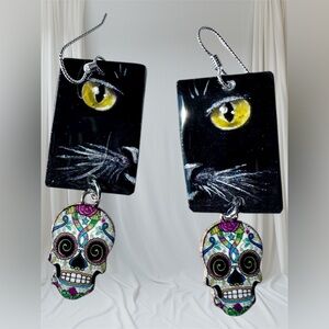 Handpainted black cat eye Halloween DOD skulls sterling wires OOAK